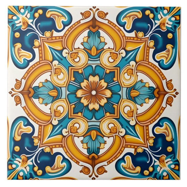 Elegant Ornate Blue Yellow Patterned Tile (Front)