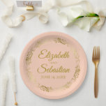 Elegant Ornate Border Coral Peach & Gold Wedding Paper Plate<br><div class="desc">These beautiful coral, peach, or pale orange coloured paper plates feature a simple yet elegant design with an ornate faux foil gold floral border and space to enter the names of the couple and the wedding date. Fully customizable. Perfect for a bridal shower, casual reception, rehearsal dinner, or any other...</div>