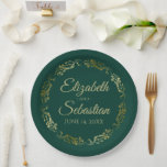 Elegant Ornate Border Emerald Green & Gold Wedding Paper Plate<br><div class="desc">These beautiful emerald green coloured paper plates feature a simple yet elegant design with an ornate faux foil gold floral border and space to enter the names of the couple and the wedding date. Fully customizable. Perfect for a bridal shower, casual reception, rehearsal dinner, or any other wedding related event....</div>