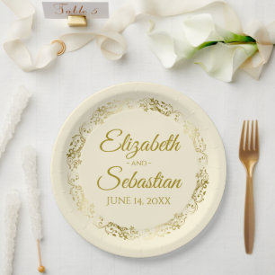 Elegant Ornate Border Gold & Cream Wedding Paper Plate