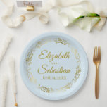 Elegant Ornate Border Light Blue & Gold Wedding Paper Plate<br><div class="desc">These beautiful pale dusty blue coloured paper plates feature a simple yet elegant design with an ornate faux foil gold floral border and space to enter the names of the couple and the wedding date. Fully customizable. Perfect for a bridal shower, casual reception, rehearsal dinner, or any other wedding related...</div>