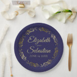 Elegant Ornate Border Navy Blue & Gold Wedding Paper Plate<br><div class="desc">These beautiful deep navy blue coloured paper plates feature a simple yet elegant design with an ornate faux foil gold floral border and space to enter the names of the couple and the wedding date. Fully customizable. Perfect for a bridal shower, casual reception, rehearsal dinner, or any other wedding related...</div>
