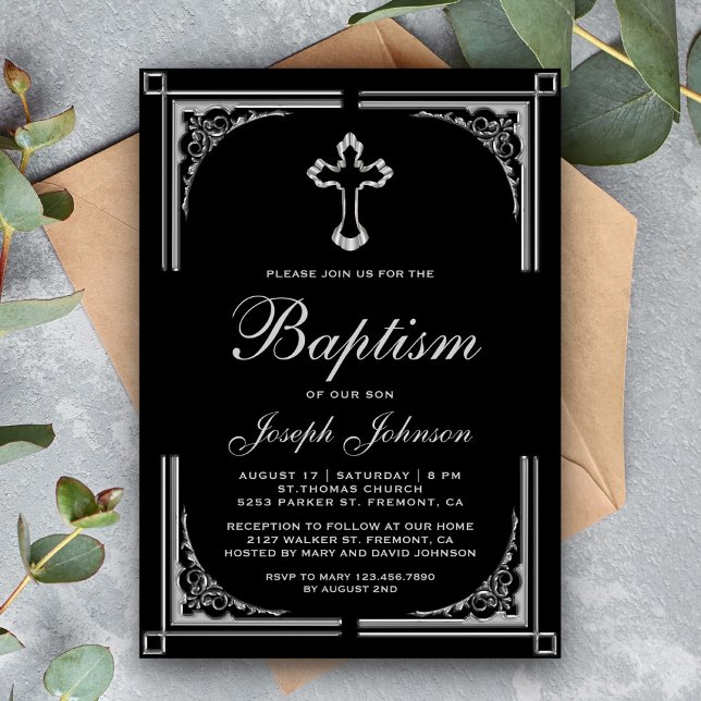 Elegant Ornate Border Silver Cross Baptism Invitation (Creator Uploaded)