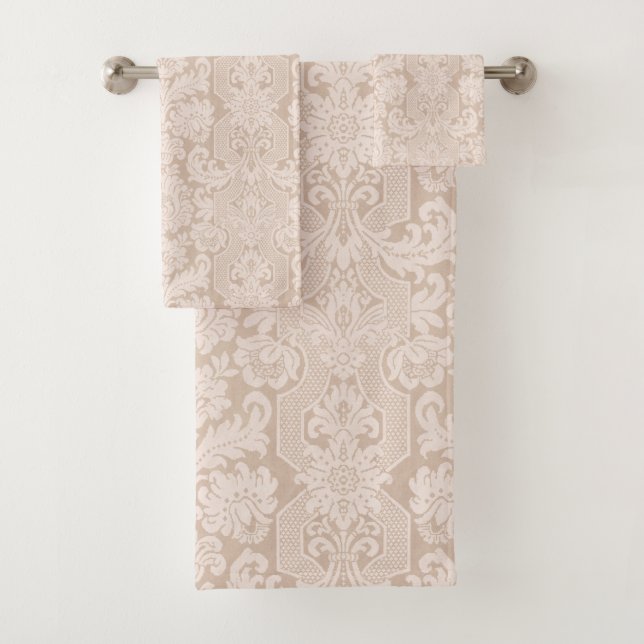 Elegant Ornate Cream Victorian Damask Bath Towel Set (Insitu)