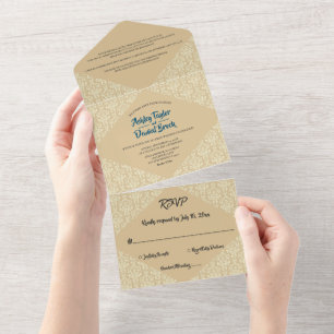 Elegant Ornate Damask Script Beige Classic Wedding All In One Invitation