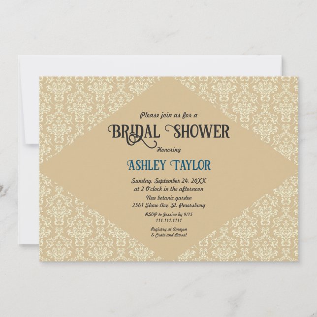 Elegant Ornate Damask Script Classic Bridal Shower Invitation (Front)