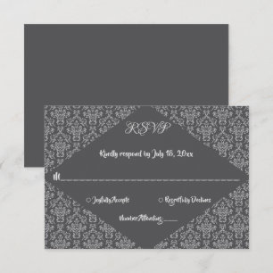 Elegant Ornate Dark Grey Damask Classic Wedding RSVP Card