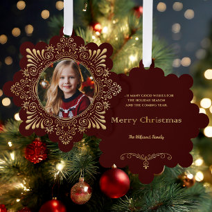 Elegant Ornate Faux Hammered Gold Photo-Red Ornament Card