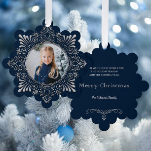 Elegant Ornate Faux Hammered Silver Photo-Blue Ornament Card