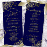 Elegant Ornate Gold and Navy Blue Fancy Wedding Program<br><div class="desc">This beautiful wedding program features an elegant design with gold text on a navy blue background and lacy golden faux foil curls and swirls in the corners. The titles are written in fancy script calligraphy, and there is space for your ceremony and wedding party details, as well as a short...</div>