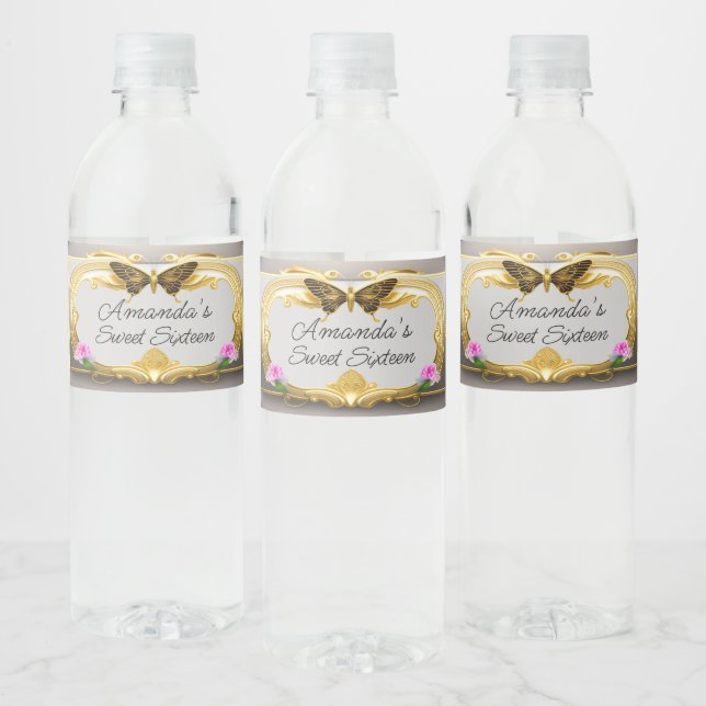 Elegant,Ornate Gold Butterfly Sweet Sixteen   Water Bottle Label (Bottles)