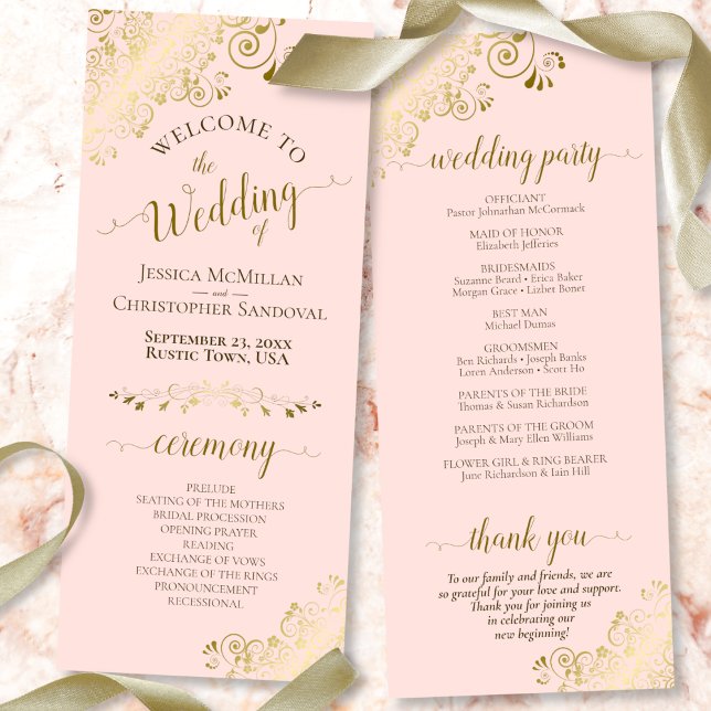 Elegant Ornate Gold Curls on Blush Pink Wedding Program (Front and Back)