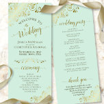 Elegant Ornate Gold Curls on Mint Green Wedding Program<br><div class="desc">This beautiful wedding program features an elegant design with gold text on a neo mint green colored background and lacy golden faux foil curls and swirls in the corners. The titles are written in fancy script calligraphy, and there is space for your ceremony and wedding party details, as well as...</div>