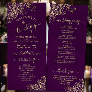 Elegant Ornate Gold Curls on Plum Purple Wedding Program