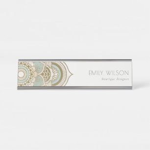 Elegant Ornate Gold Foil Teal Turquoise Mandala Desk Name Plate