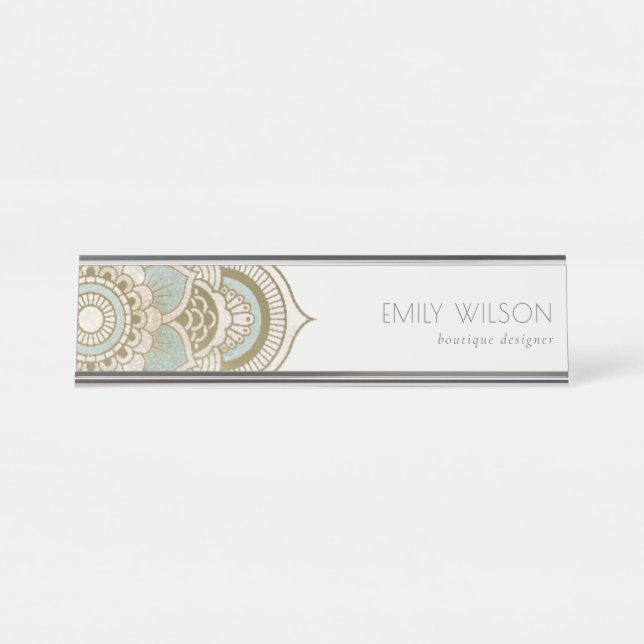 Elegant Ornate Gold Foil Teal Turquoise Mandala Desk Name Plate (Front)
