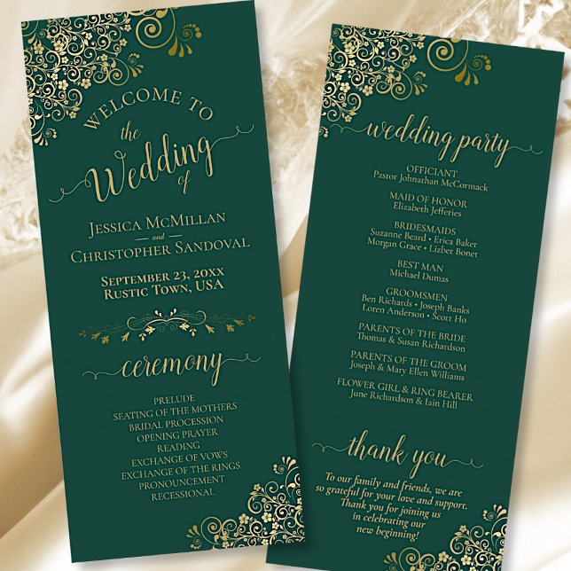 Elegant Ornate Gold Frills Emerald Green Wedding Program (Front and Back)