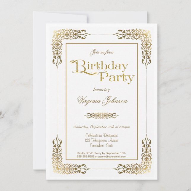 Elegant Ornate Gold Lace Birthday Party Invitation (Front)
