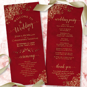 Elegant Ornate Gold Lace on Crimson Red Wedding Program