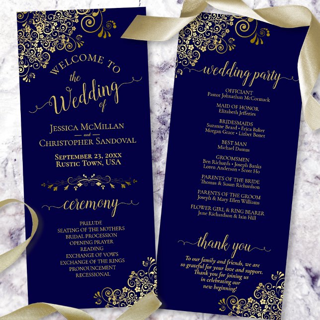 Elegant Ornate Gold Lace on Navy Blue Wedding Program (Creator Uploaded)