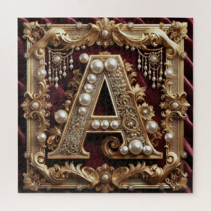Elegant Ornate Gold Letter A Decorated With Pearls Jigsaw Puzzle
