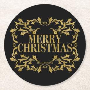 Elegant Ornate Gold Merry Christmas Coasters