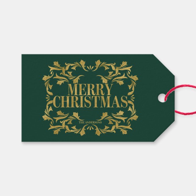 Elegant Ornate Gold Merry Christmas Gift Tag (Front (Horizontal))