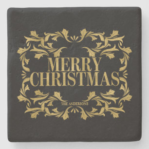 Elegant Ornate Gold Merry Christmas Marble Coaster