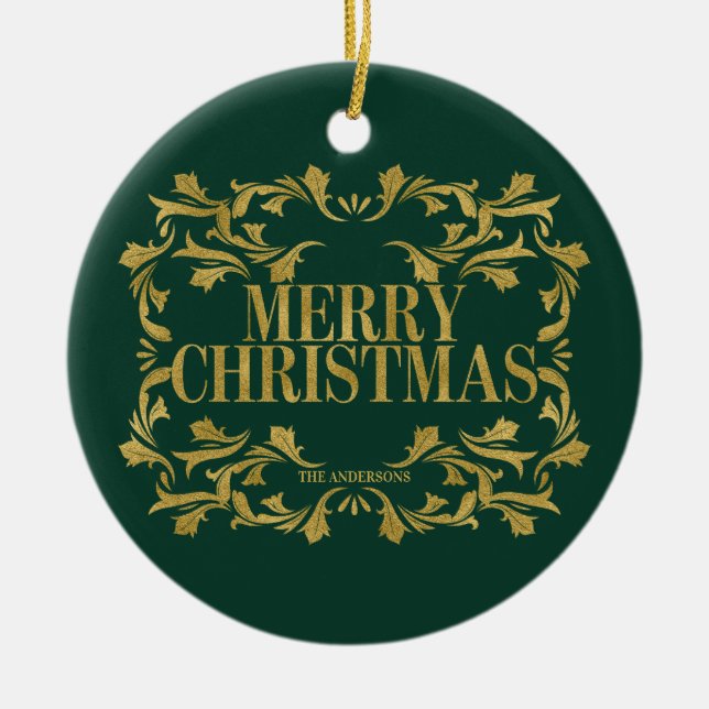 Elegant Ornate Gold Merry Christmas Ornament (Front)