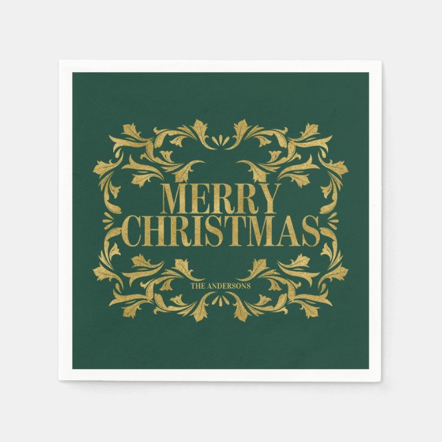 Elegant Ornate Gold Merry Christmas Paper Napkins (Front)