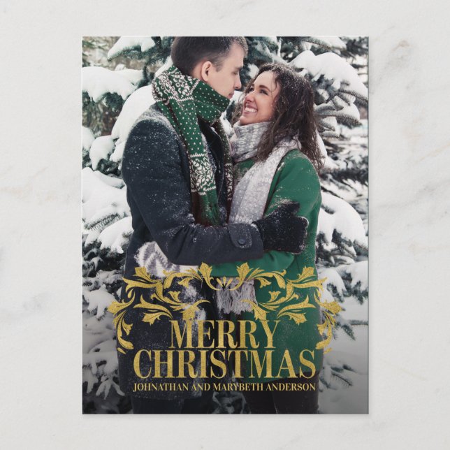 Elegant Ornate Gold Merry Christmas Photo Postcard (Front)