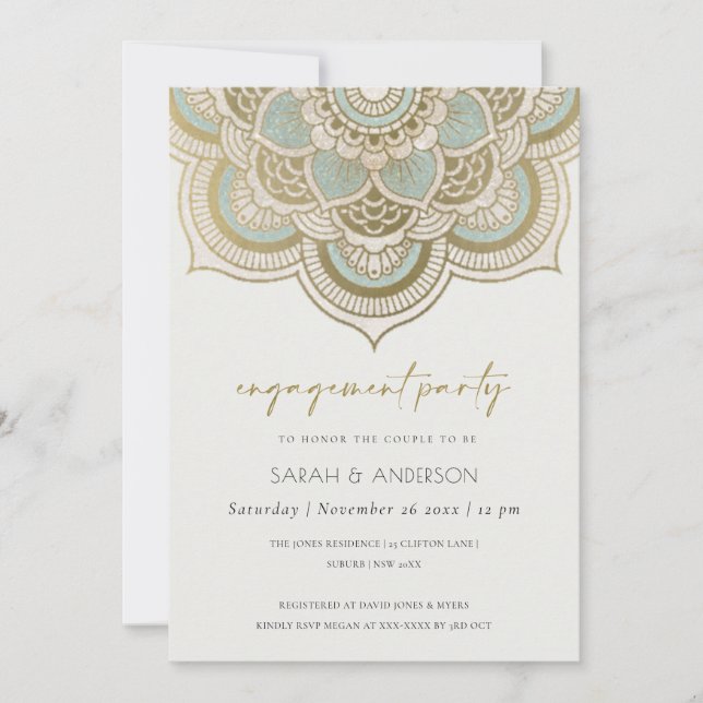 Elegant Ornate Gold Teal Mandala Engagement Invite (Front)