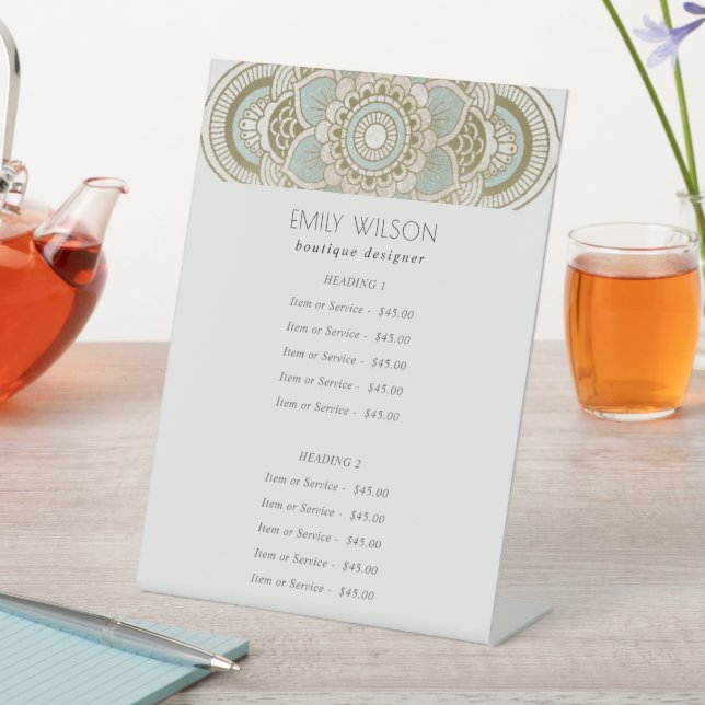 Elegant Ornate Gold Teal Mandala Service Price Pedestal Sign (In SItu)