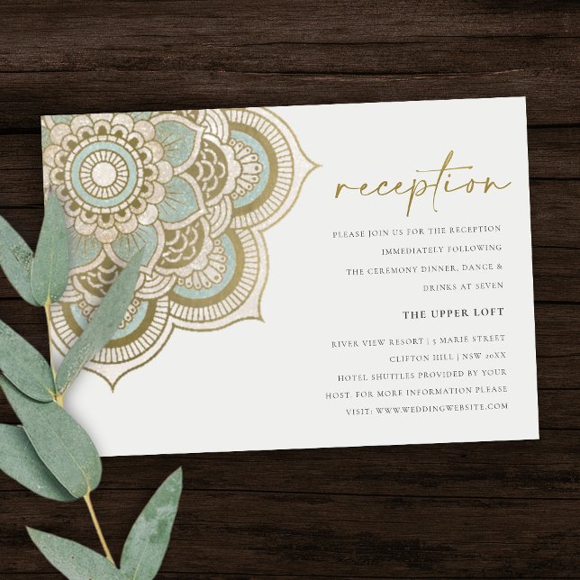 Elegant Ornate Gold Teal Mandala Wedding Reception Enclosure Card (Creator Uploaded)
