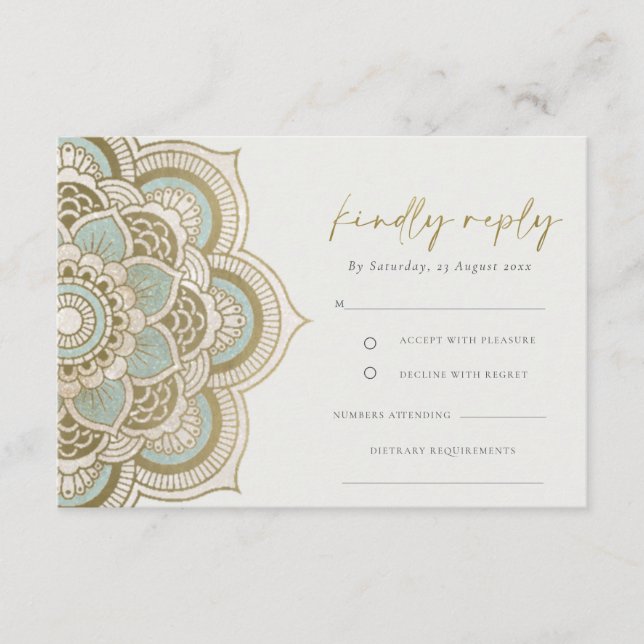 Elegant Ornate Gold Teal Mandala Wedding RSVP Enclosure Card (Front)