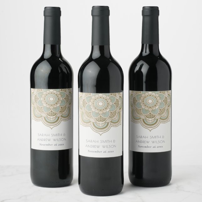 Elegant Ornate Gold Teal Turquoise Mandala Wedding Wine Label (Bottles)