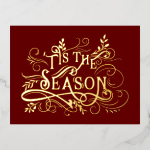 Elegant Ornate Gold 'Tis the Season Typography  Foil Holiday Postcard