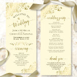 Elegant Ornate Golden Curls on Cream Wedding Program<br><div class="desc">This beautiful wedding program features an elegant design with gold text on an ivory or cream coloured background and lacy golden faux foil curls and swirls in the corners. The titles are written in fancy script calligraphy, and there is space for your ceremony and wedding party details, as well as...</div>