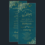 Elegant Ornate Golden Curls on Dark Teal Wedding Program<br><div class="desc">This beautiful wedding program features an elegant design with gold text on a marbled dark teal colored background and lacy golden faux foil curls and swirls in the corners. The titles are written in fancy script calligraphy, and there is space for your ceremony and wedding party details, as well as...</div>