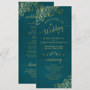 Elegant Ornate Golden Curls on Dark Teal Wedding Program