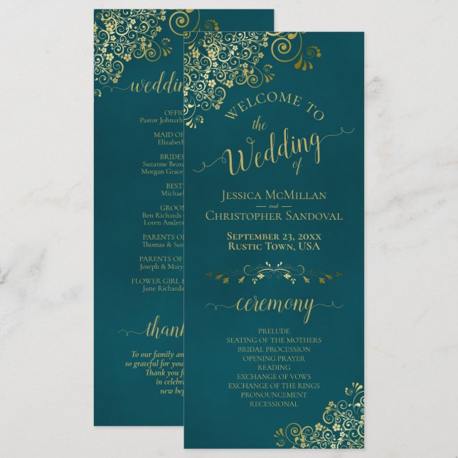 Elegant Ornate Golden Curls on Dark Teal Wedding Program (Front/Back)