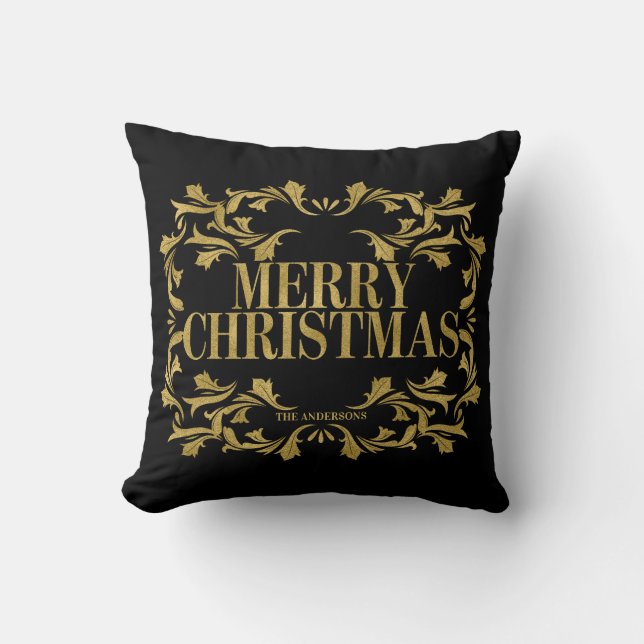 Elégant Ornate Or Joyeux Joyeux Oreiller de Noël (Recto)