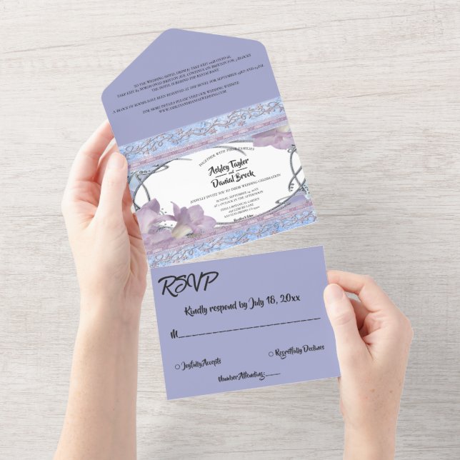 Elegant Ornate Purple Rose Delicate Wedding All In One Invitation (Tearaway)