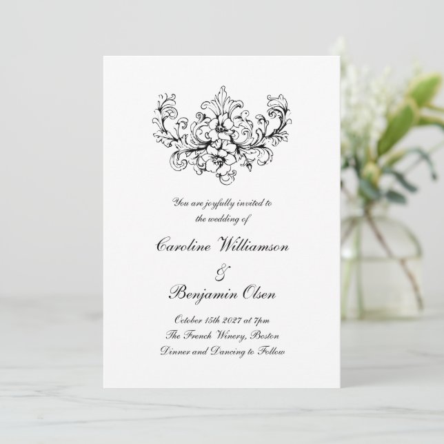 Elegant Ornate Rococo Black and White Wedding Invitation (Standing Front)