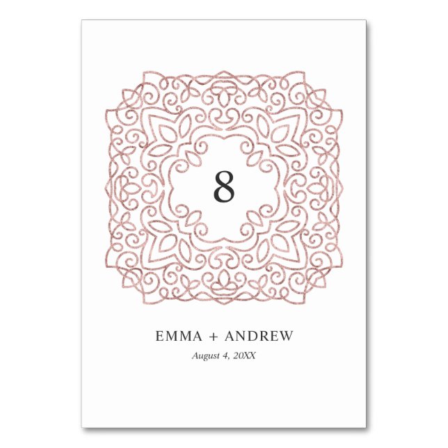 Elegant Ornate Rose Gold Glitter Table Number (Front)