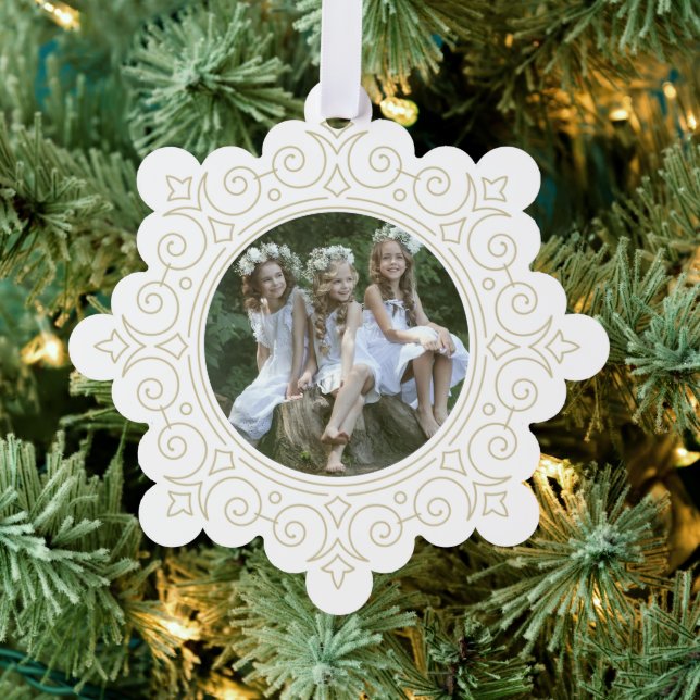 Elegant Ornate Snowflake Holiday Photo Ornament Card (Insitu (Tree))