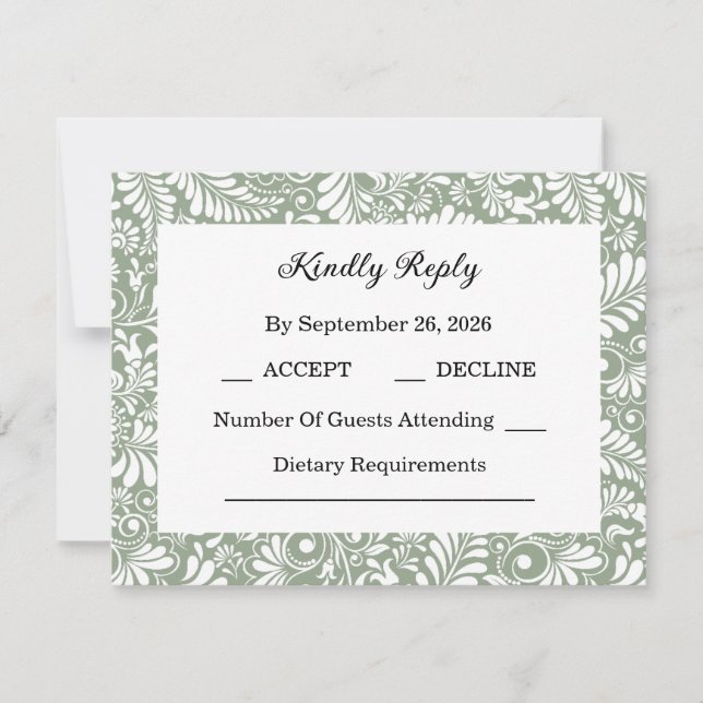 Elegant Ornate Swirl Sage Green Floral RSVP Card (Front)
