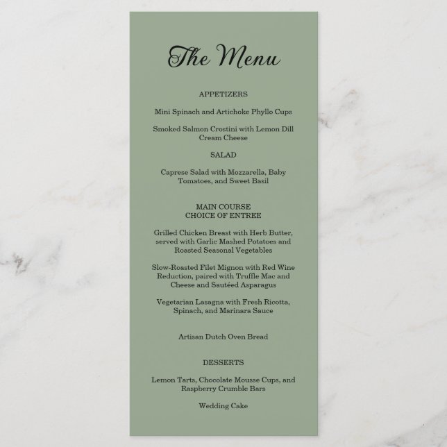 Elegant Ornate Swirl Sage Green Floral Wedding Menu (Front)