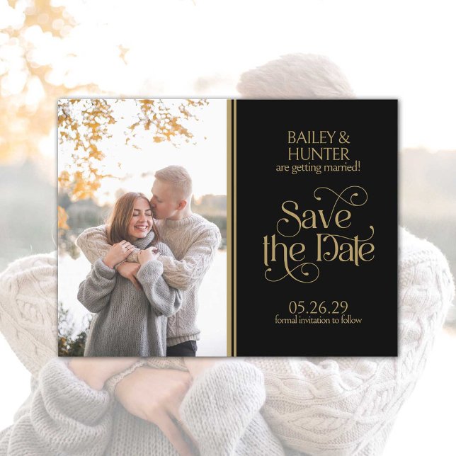 Elegant Ornate Typography Wedding Save the Date Postcard (Elegant black and gold save-the-date card with just a touch of ornate flourished typography.)
