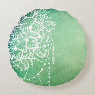 Elegant Ornate Zen Mandala Rosette Green tones Round Pillow